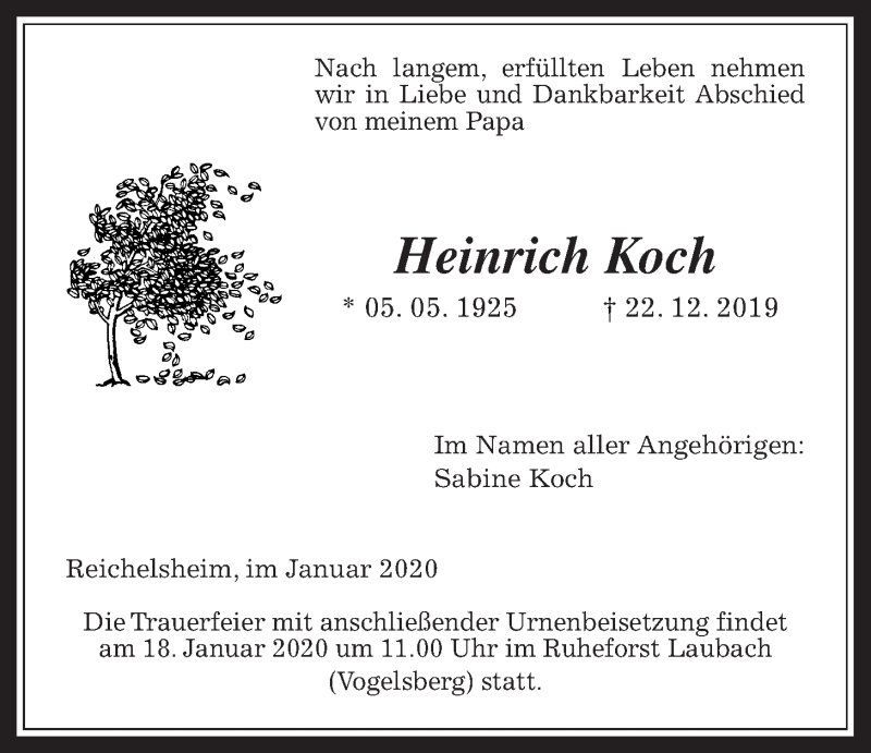  Traueranzeige für Heinrich Koch vom 11.01.2020 aus Wetterauer Zeitung