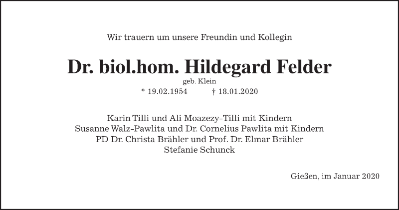  Traueranzeige für Hildegard Felder vom 22.01.2020 aus Giessener Allgemeine, Alsfelder Allgemeine