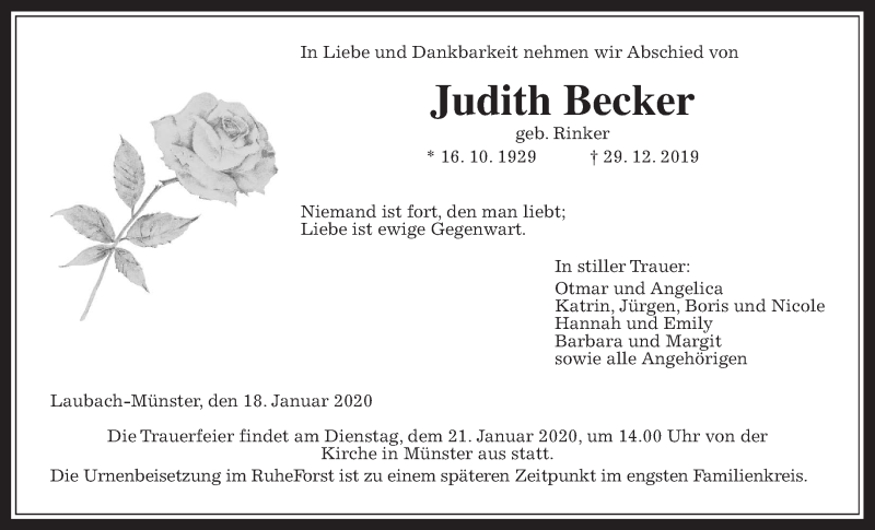  Traueranzeige für Judith Becker vom 18.01.2020 aus Giessener Allgemeine, Alsfelder Allgemeine