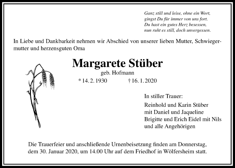  Traueranzeige für Margarete Stüber vom 27.01.2020 aus Wetterauer Zeitung