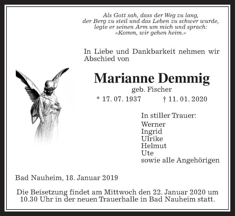  Traueranzeige für Marianne Demmig vom 18.01.2020 aus Wetterauer Zeitung