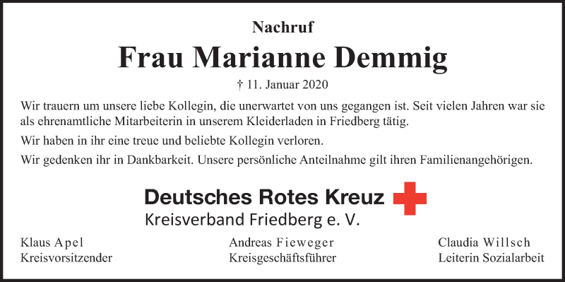  Traueranzeige für Marianne Demmig vom 25.01.2020 aus Wetterauer Zeitung