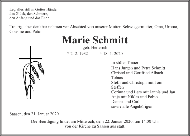  Traueranzeige für Marie Schmitt vom 21.01.2020 aus Giessener Allgemeine, Alsfelder Allgemeine