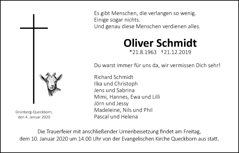  Traueranzeige für Oliver Schmidt vom 04.01.2020 aus Wetterauer Zeitung, Giessener Allgemeine, Alsfelder Allgemeine