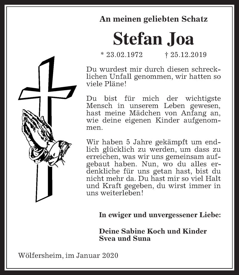  Traueranzeige für Stefan Joa vom 04.01.2020 aus Wetterauer Zeitung