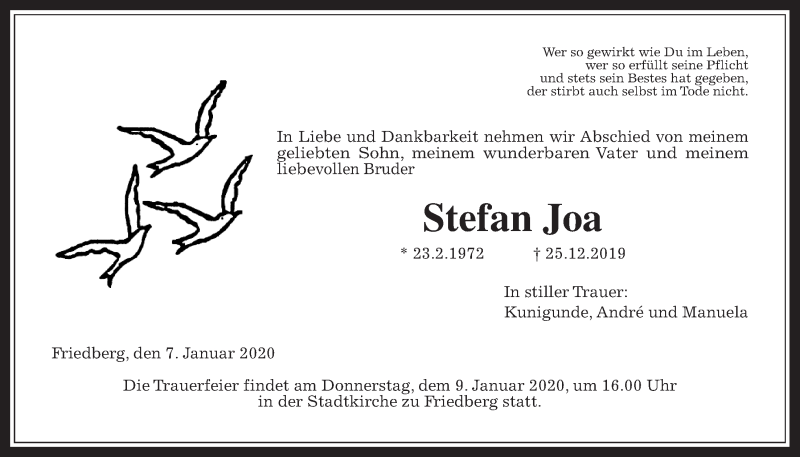  Traueranzeige für Stefan Joa vom 07.01.2020 aus Wetterauer Zeitung