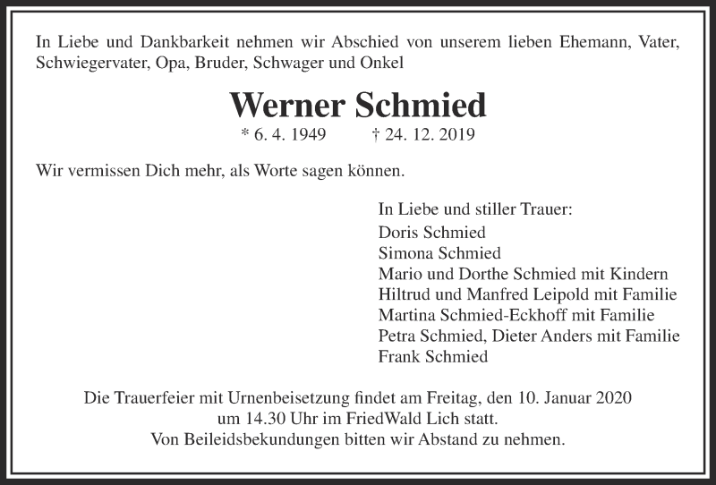  Traueranzeige für Werner Schmied vom 09.01.2020 aus Licher Wochenblatt