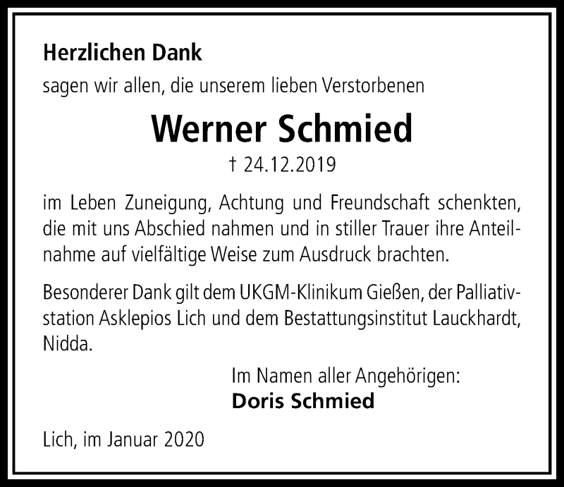  Traueranzeige für Werner Schmied vom 30.01.2020 aus Licher Wochenblatt