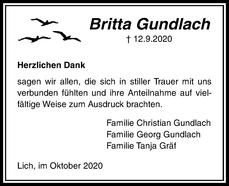  Traueranzeige für Britta Gundlach vom 08.10.2020 aus Licher Wochenblatt