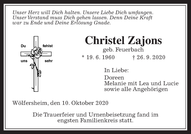  Traueranzeige für Christel Zajons vom 10.10.2020 aus Wetterauer Zeitung