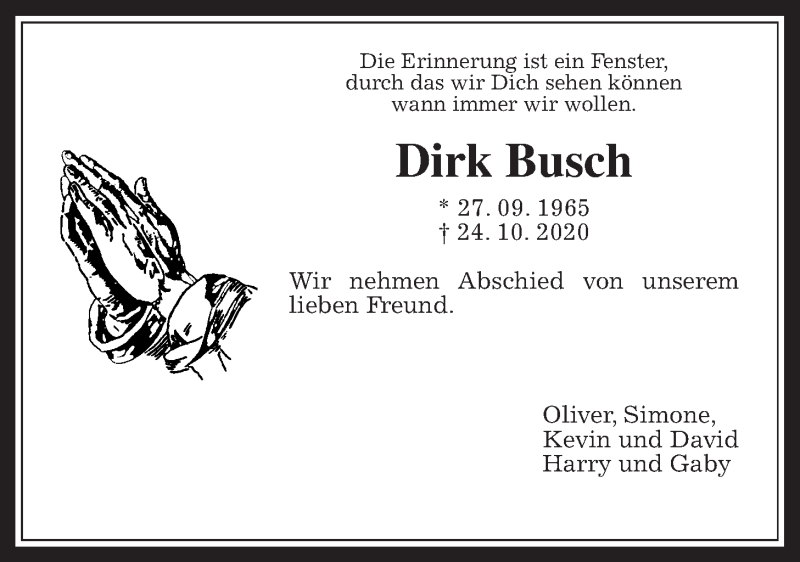 Traueranzeige für Dirk Busch vom 31.10.2020 aus Wetterauer Zeitung
