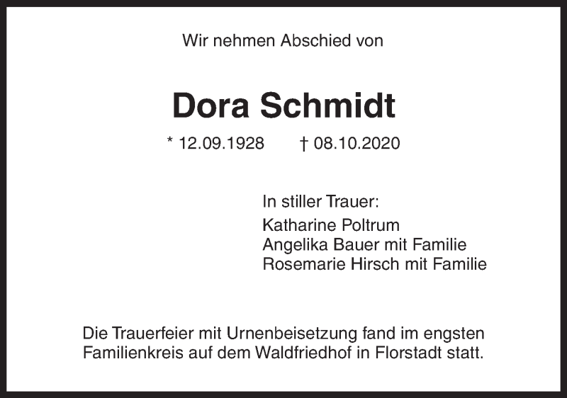  Traueranzeige für Dora Schmidt vom 24.10.2020 aus Wetterauer Zeitung