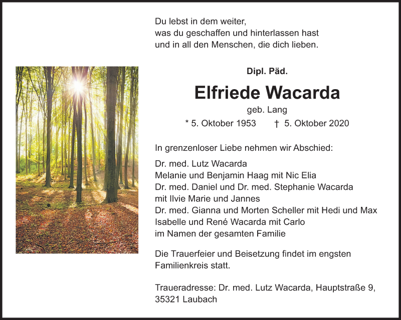  Traueranzeige für Elfriede Wacarda vom 14.10.2020 aus Giessener Allgemeine, Alsfelder Allgemeine