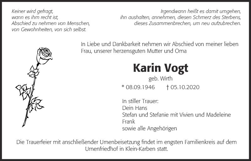  Traueranzeige für Karin Vogt vom 15.10.2020 aus Bad Vilbel/Karben