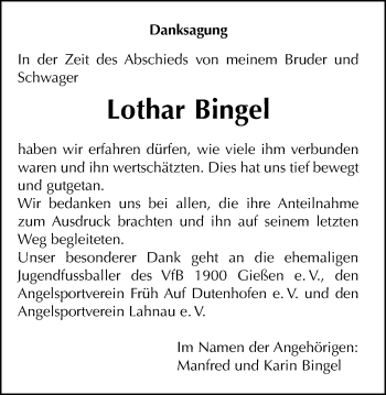 Traueranzeige von Lothar Bingel von Giessener Allgemeine, Alsfelder Allgemeine