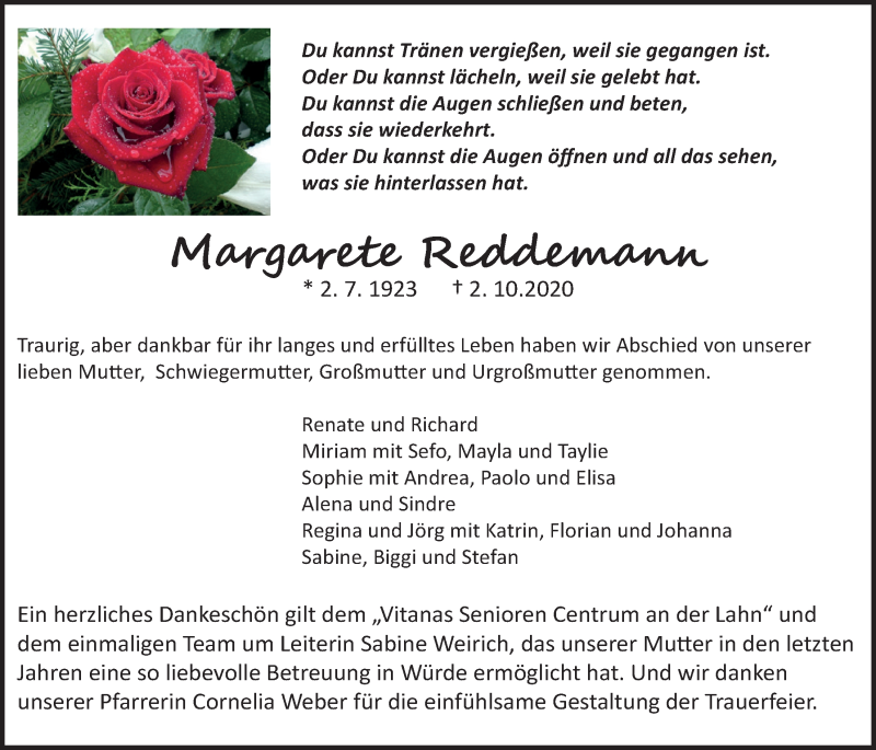  Traueranzeige für Margarete Reddemann vom 17.10.2020 aus Giessener Allgemeine, Alsfelder Allgemeine