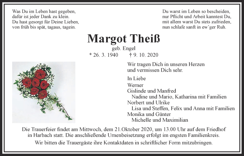  Traueranzeige für Margot Theiß vom 17.10.2020 aus Giessener Allgemeine, Alsfelder Allgemeine