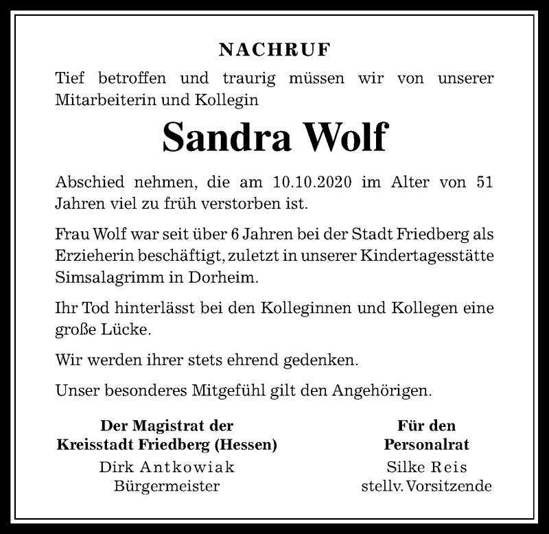 Traueranzeige für Sandra Wolf vom 24.10.2020 aus Wetterauer Zeitung