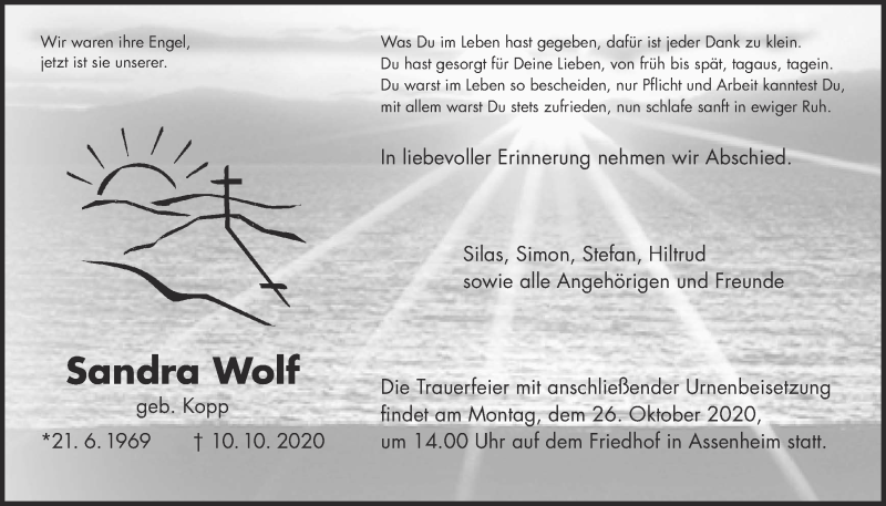  Traueranzeige für Sandra Wolf vom 17.10.2020 aus Wetterauer Zeitung