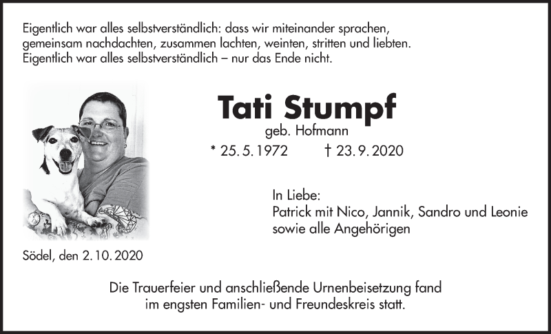  Traueranzeige für Tati Stumpf vom 02.10.2020 aus Wetterauer Zeitung