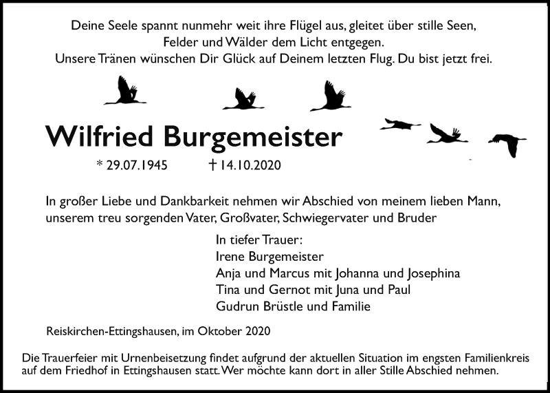  Traueranzeige für Wilfried Burgemeister vom 29.10.2020 aus Licher Wochenblatt