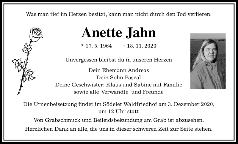  Traueranzeige für Anette Jahn vom 30.11.2020 aus Wetterauer Zeitung