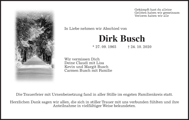  Traueranzeige für Dirk Busch vom 07.11.2020 aus Wetterauer Zeitung