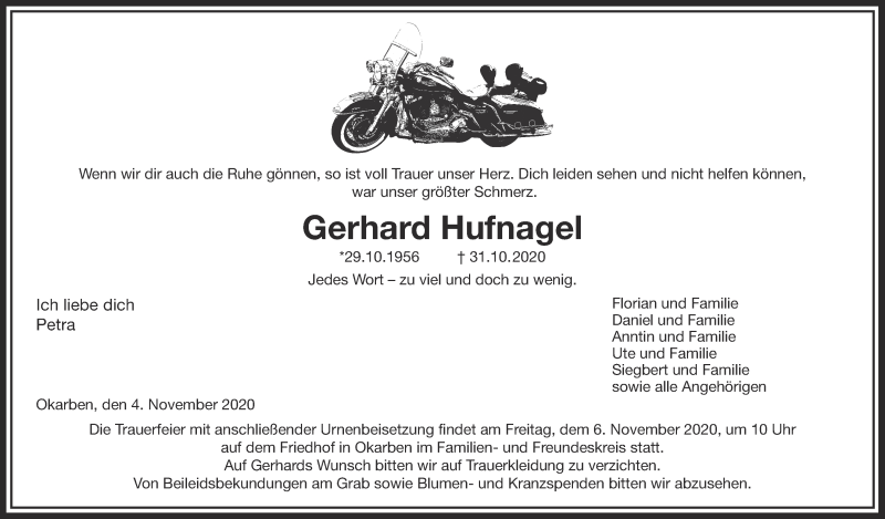  Traueranzeige für Gerhard Hufnagel vom 04.11.2020 aus Wetterauer Zeitung