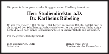 Traueranzeige von Karlheinz Rübeling von Wetterauer Zeitung
