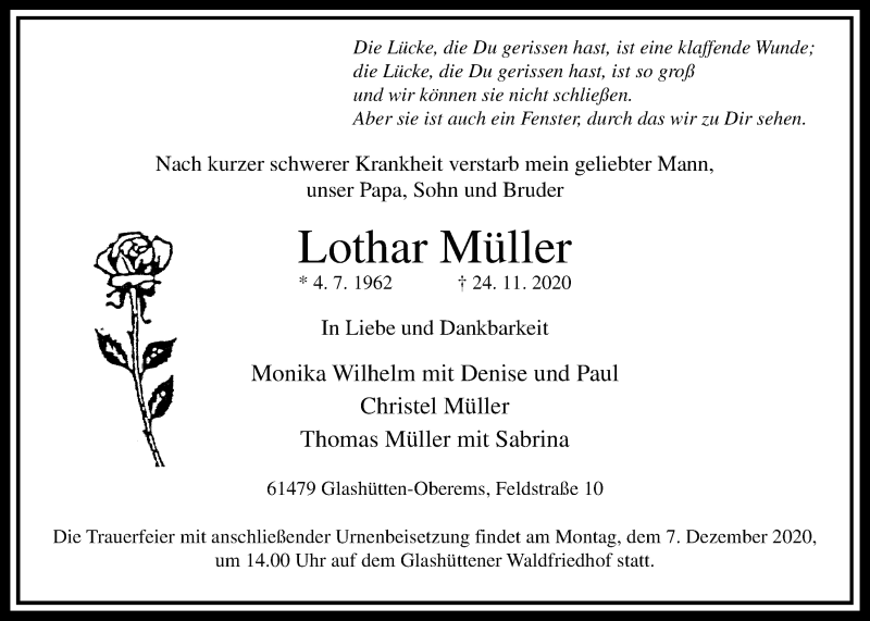  Traueranzeige für Lothar Müller vom 28.11.2020 aus Wetterauer Zeitung