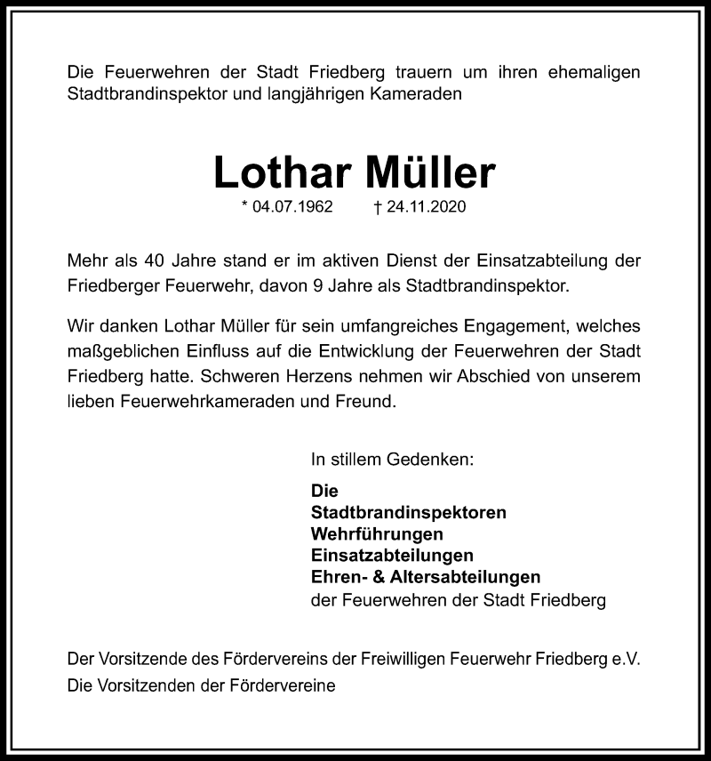  Traueranzeige für Lothar Müller vom 28.11.2020 aus Wetterauer Zeitung