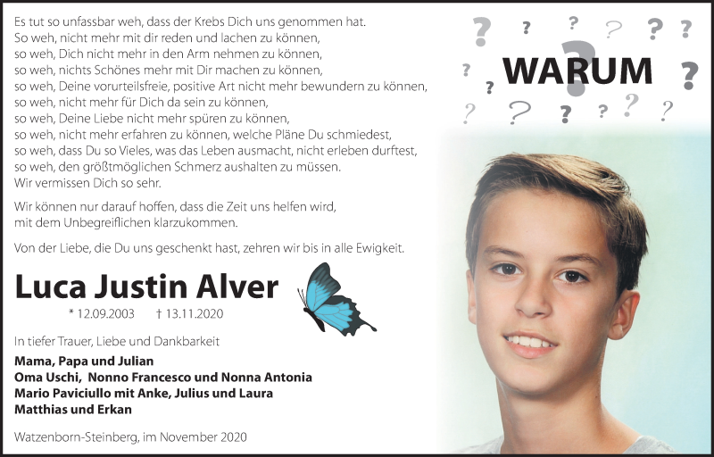  Traueranzeige für Luca Justin Alver vom 28.11.2020 aus Giessener Allgemeine, Alsfelder Allgemeine
