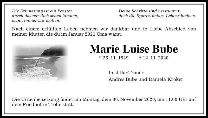  Traueranzeige für Marie Luise Bube vom 28.11.2020 aus Wetterauer Zeitung