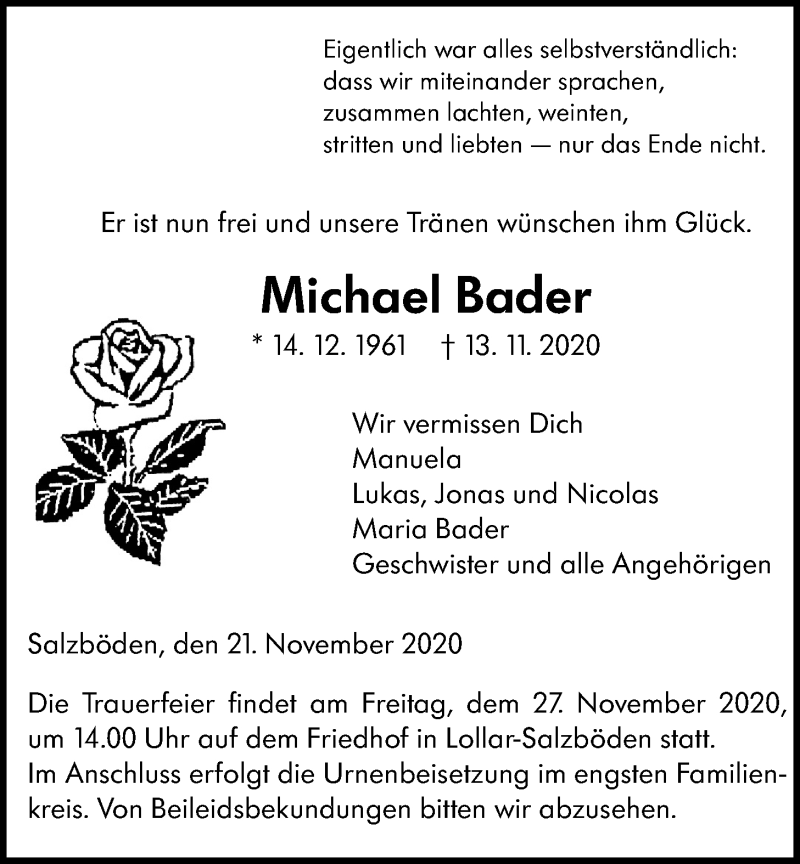  Traueranzeige für Michael Bader vom 21.11.2020 aus Giessener Allgemeine, Alsfelder Allgemeine