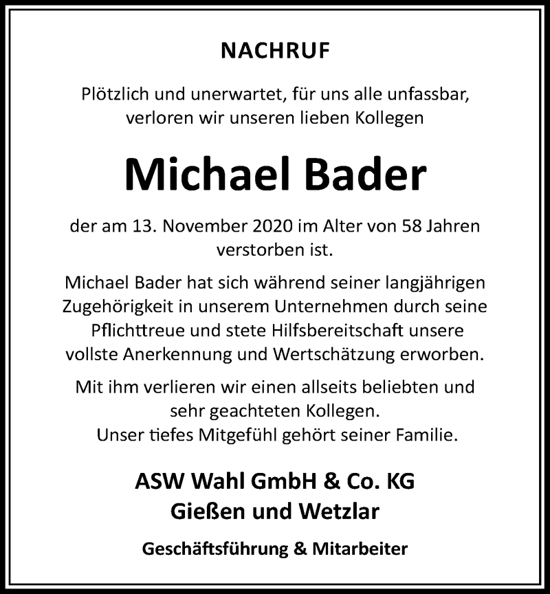  Traueranzeige für Michael Bader vom 21.11.2020 aus Giessener Allgemeine, Alsfelder Allgemeine