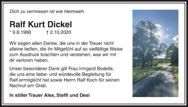  Traueranzeige für Ralf Kurt Dickel vom 05.11.2020 aus Licher Wochenblatt