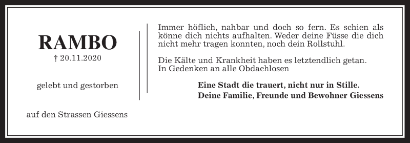  Traueranzeige für Rambo  vom 30.11.2020 aus Wetterauer Zeitung, Giessener Allgemeine, Alsfelder Allgemeine
