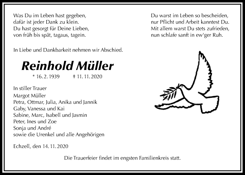  Traueranzeige für Reinhold Müller vom 14.11.2020 aus Wetterauer Zeitung