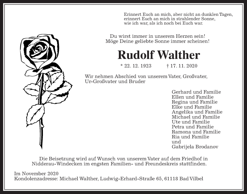  Traueranzeige für Rudolf Walther vom 21.11.2020 aus Wetterauer Zeitung