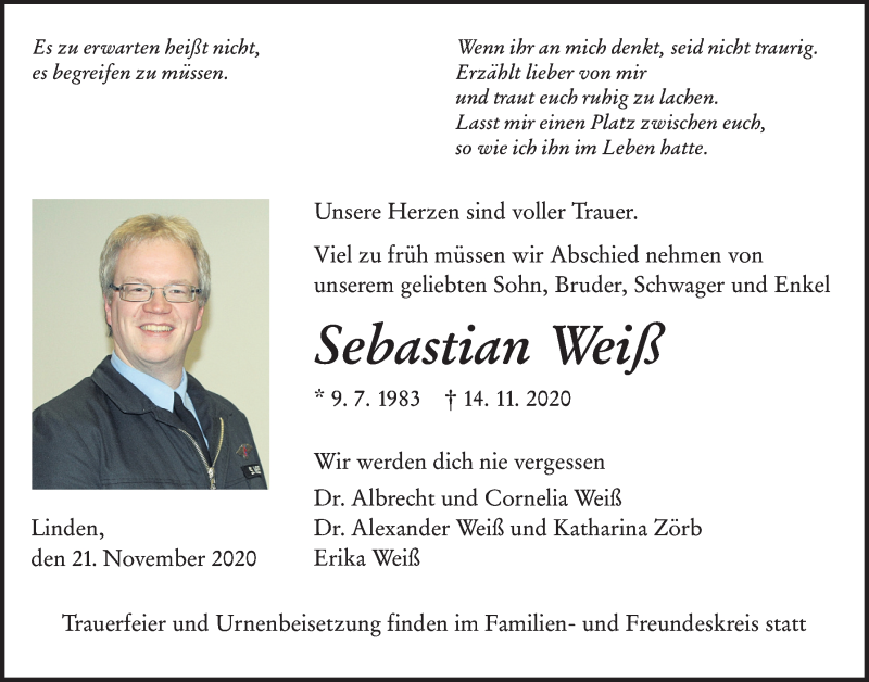  Traueranzeige für Sebastian Weiß vom 21.11.2020 aus Giessener Allgemeine, Alsfelder Allgemeine