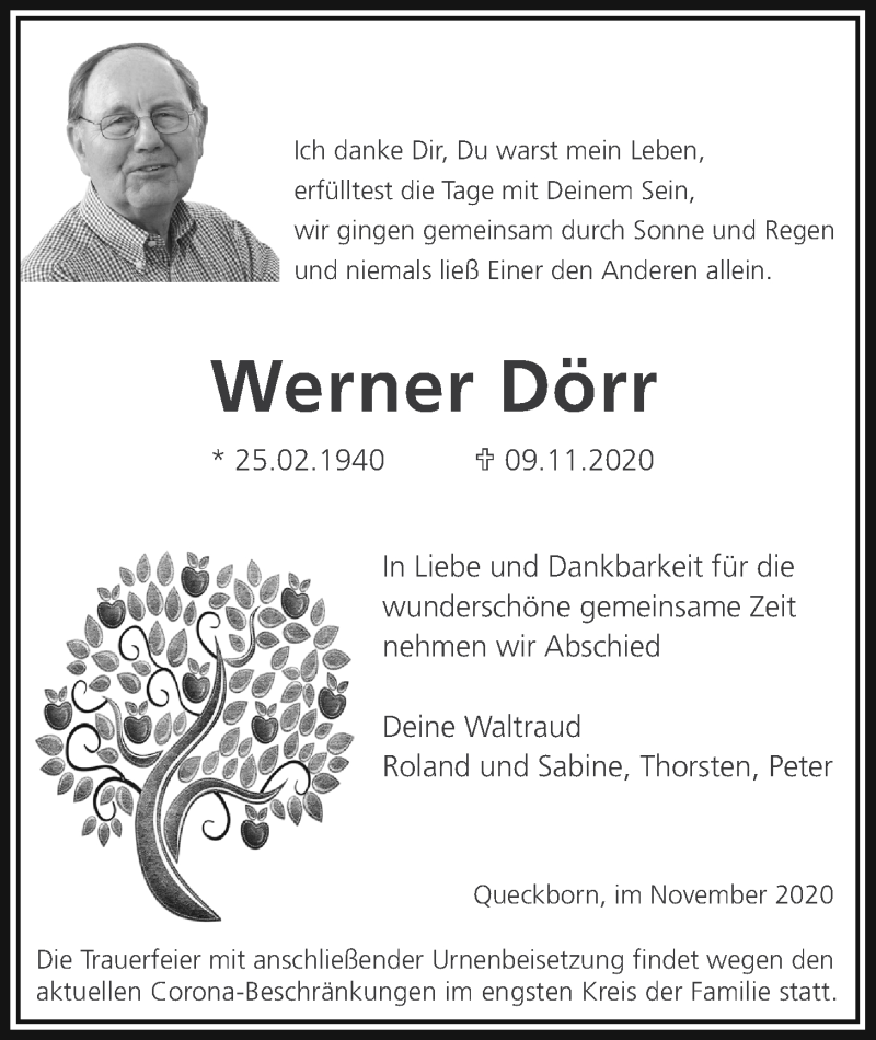  Traueranzeige für Werner Dörr vom 19.11.2020 aus Licher Wochenblatt