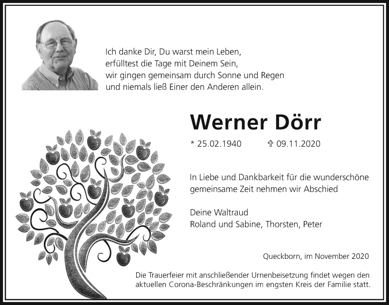  Traueranzeige für Werner Dörr vom 14.11.2020 aus Giessener Allgemeine, Alsfelder Allgemeine