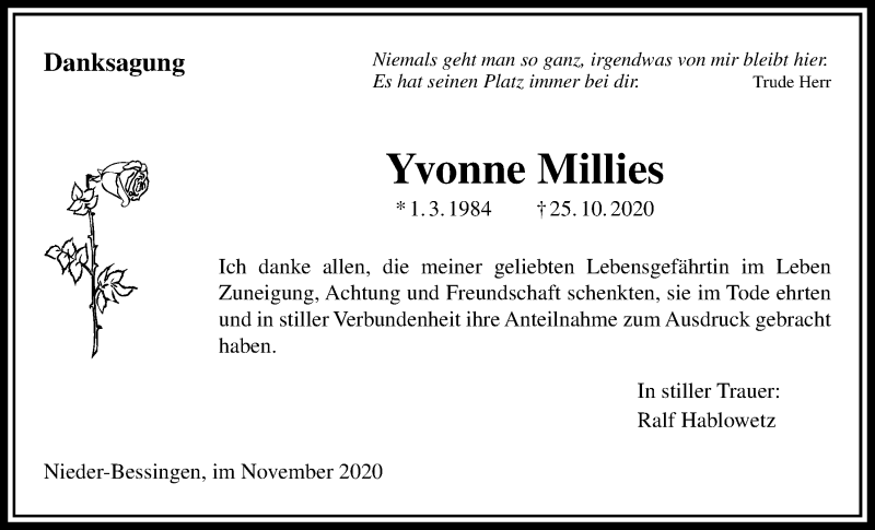  Traueranzeige für Yvonne Millies vom 19.11.2020 aus Licher Wochenblatt