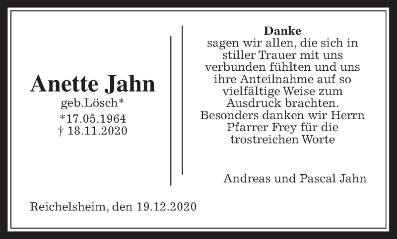  Traueranzeige für Anette Jahn vom 19.12.2020 aus Wetterauer Zeitung