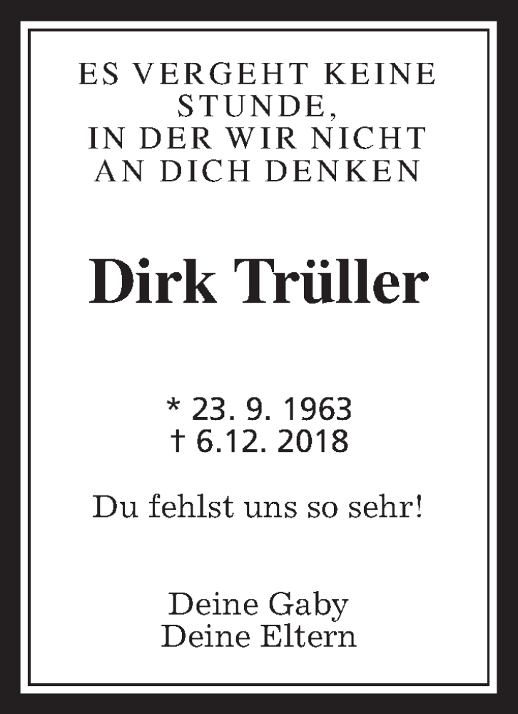  Traueranzeige für Dirk Trüller vom 05.12.2020 aus Wetterauer Zeitung, Giessener Allgemeine, Alsfelder Allgemeine