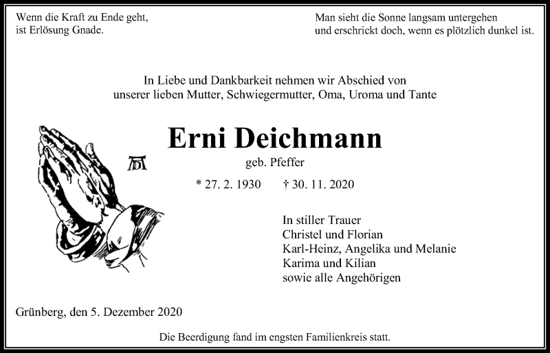  Traueranzeige für Erni Deichmann vom 05.12.2020 aus Giessener Allgemeine, Alsfelder Allgemeine