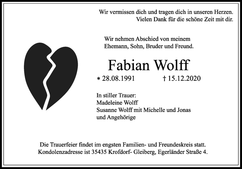  Traueranzeige für Fabian Wolff vom 30.12.2020 aus Giessener Allgemeine, Alsfelder Allgemeine