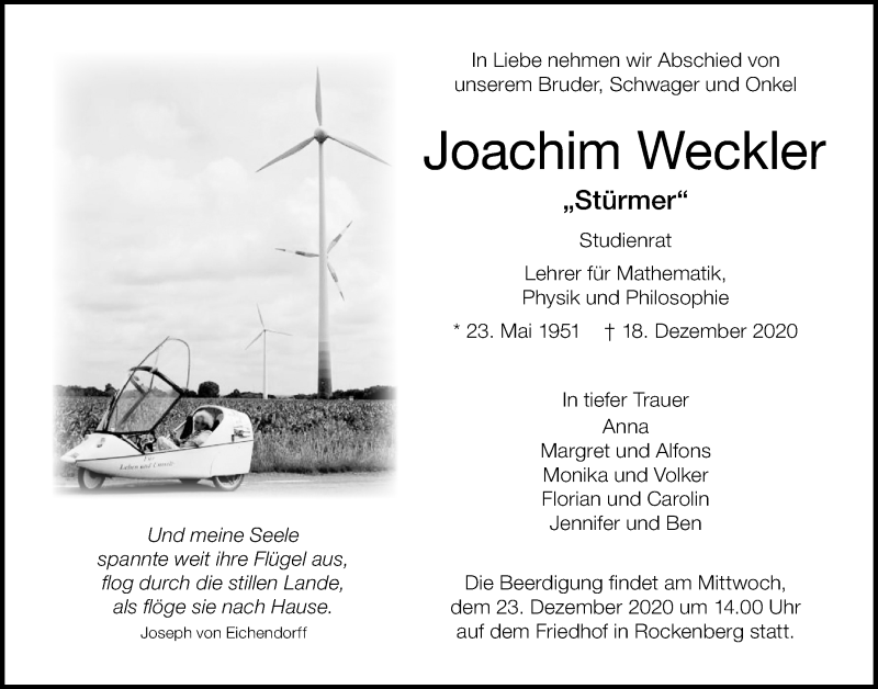  Traueranzeige für Joachim Weckler vom 22.12.2020 aus Wetterauer Zeitung