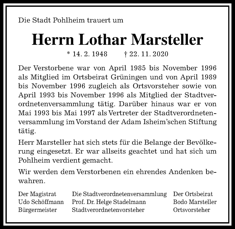  Traueranzeige für Lothar Marsteller vom 03.12.2020 aus Pohlheimer Nachrichten