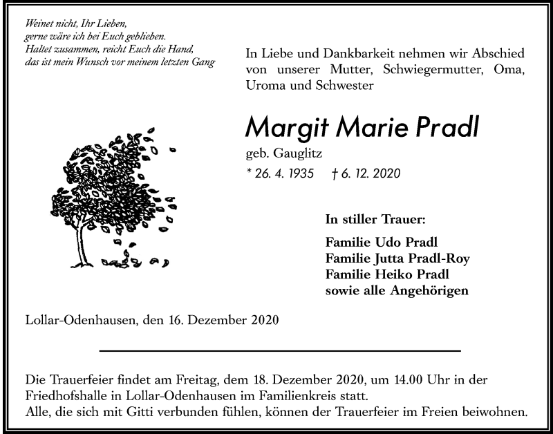  Traueranzeige für Margit Marie Pradl vom 16.12.2020 aus Giessener Allgemeine, Alsfelder Allgemeine